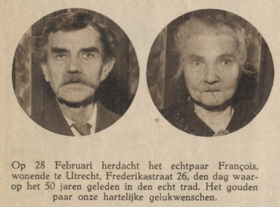 874788 Dubbelportret van het echtpaar François (Frederikastraat 26) te Utrecht, dat 50 jaar getrouwd is.
